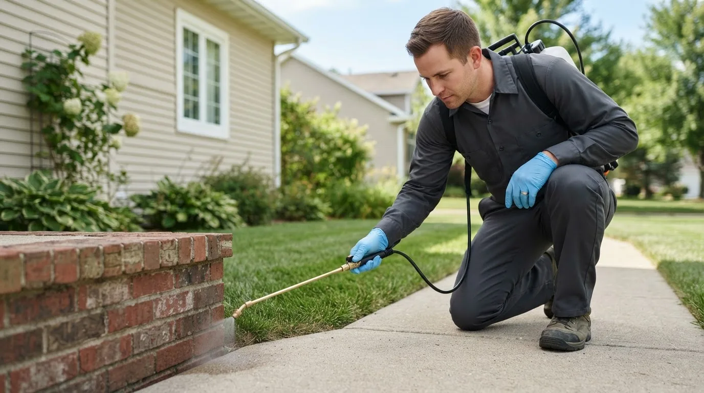 Pest control technician treating a home near Worthville, PA