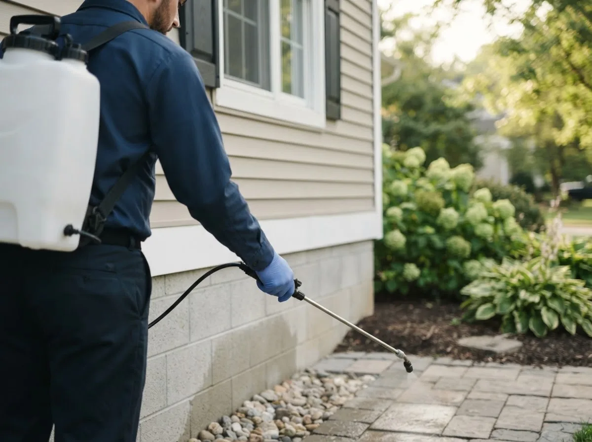 Pest control technician inspecting a home in Worthville, PA